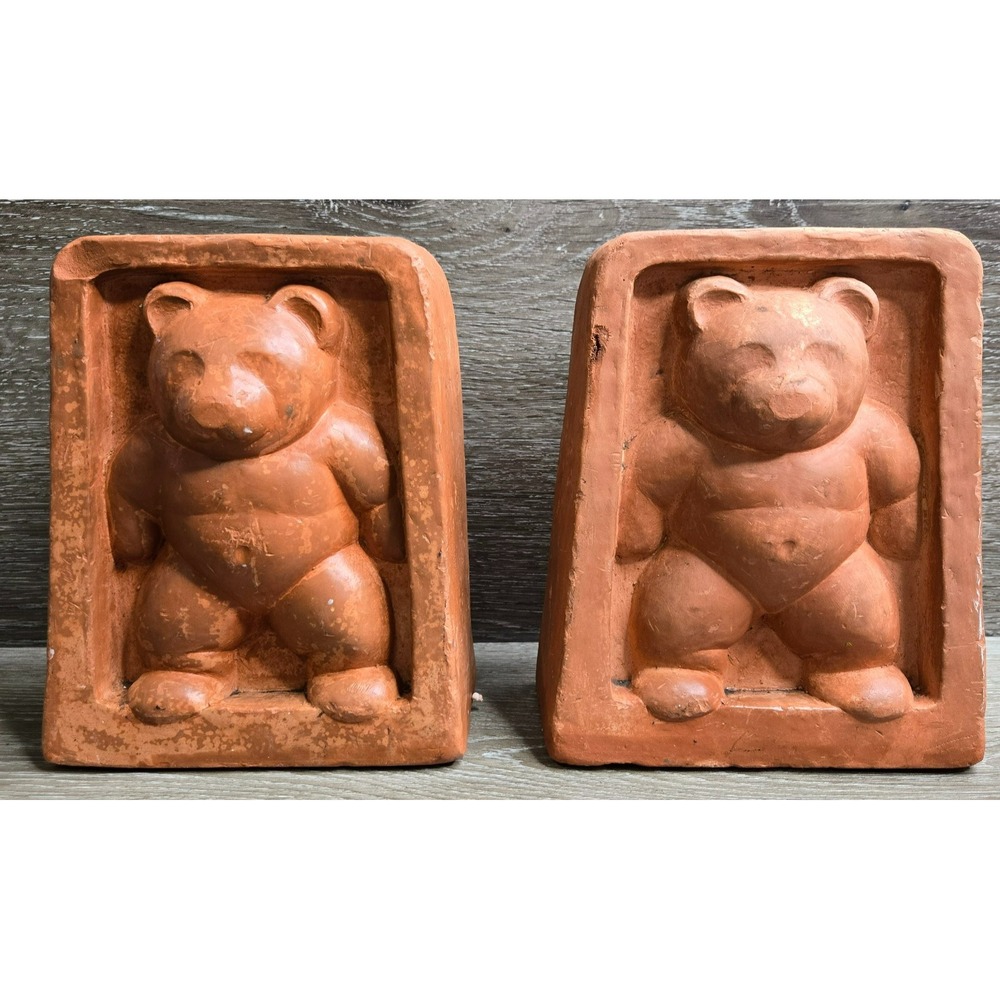 Vintage Terracotta Clay Sculpture Teddy Bears Bookend Pair Brown Animal Decor